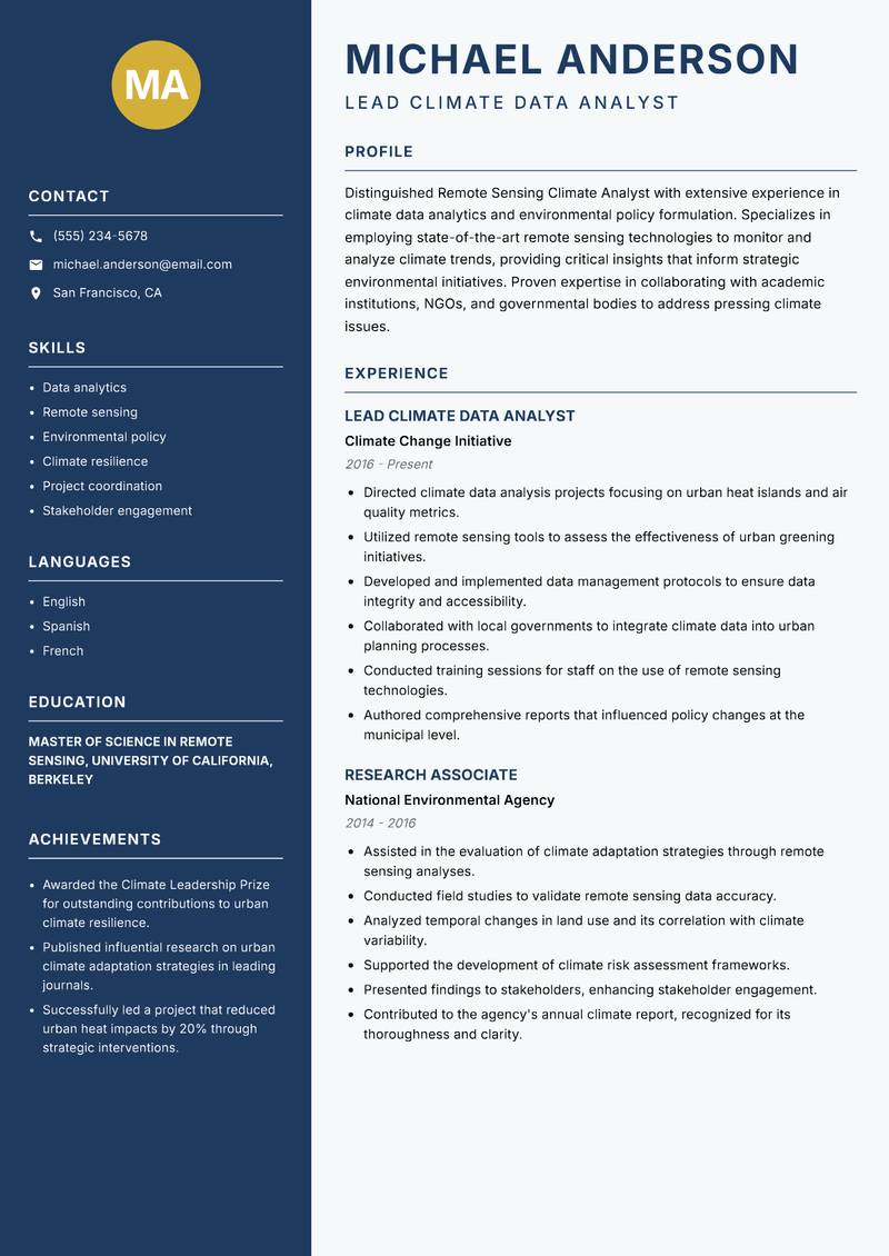 Remote Sensing Climate Analyst resume sample — Lead Climate Data Analyst focus