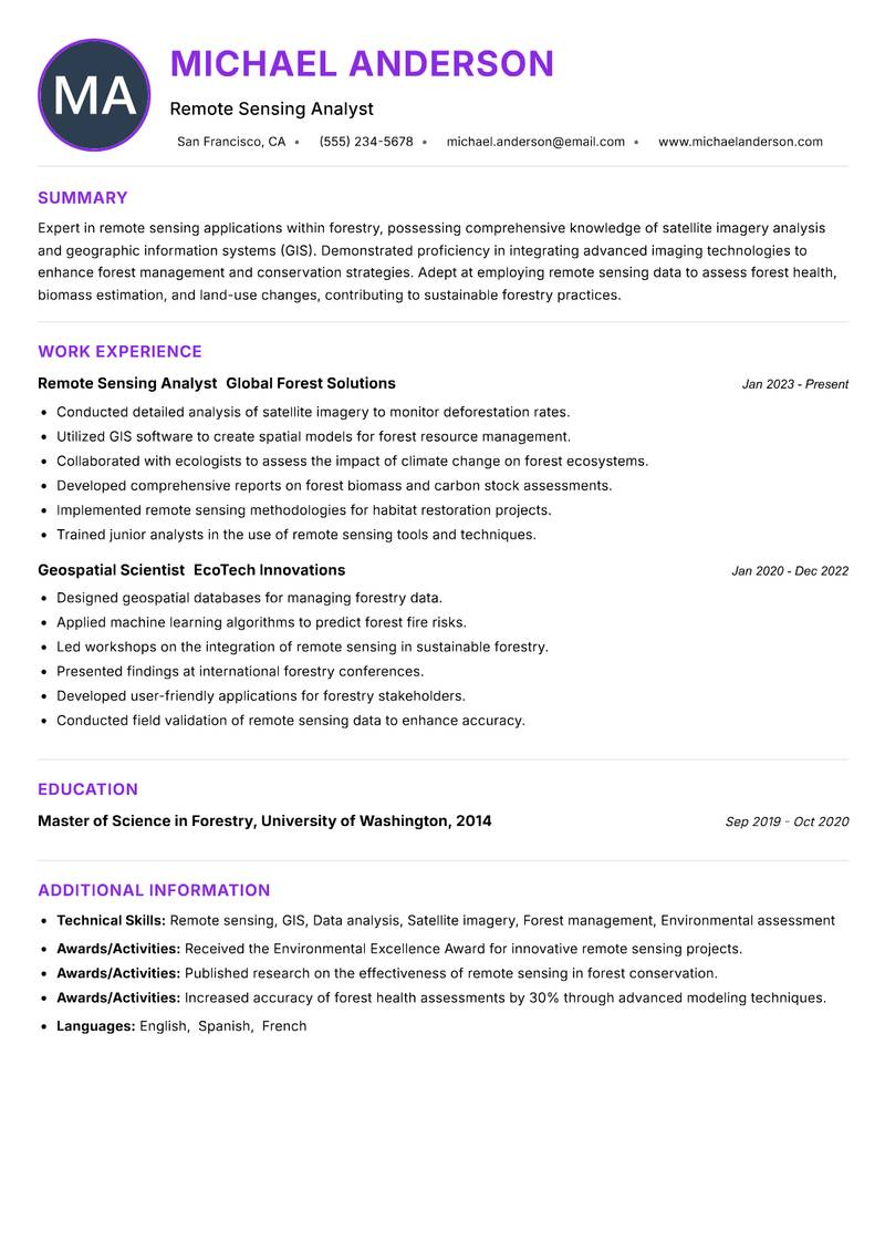 Remote Sensing Forestry Specialist resume example