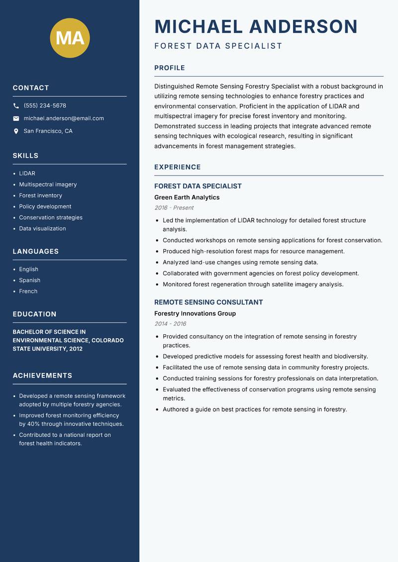Remote Sensing Forestry Specialist resume sample — Forest Data Specialist focus