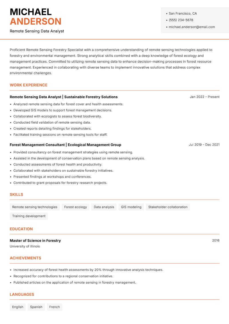 Remote Sensing Forestry Specialist resume sample — Remote Sensing Data Analyst focus