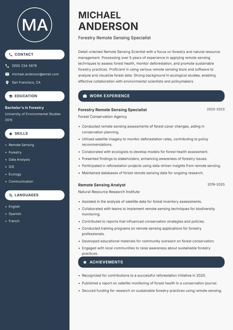 Remote Sensing Scientist resume sample — Forestry Remote Sensing Specialist focus