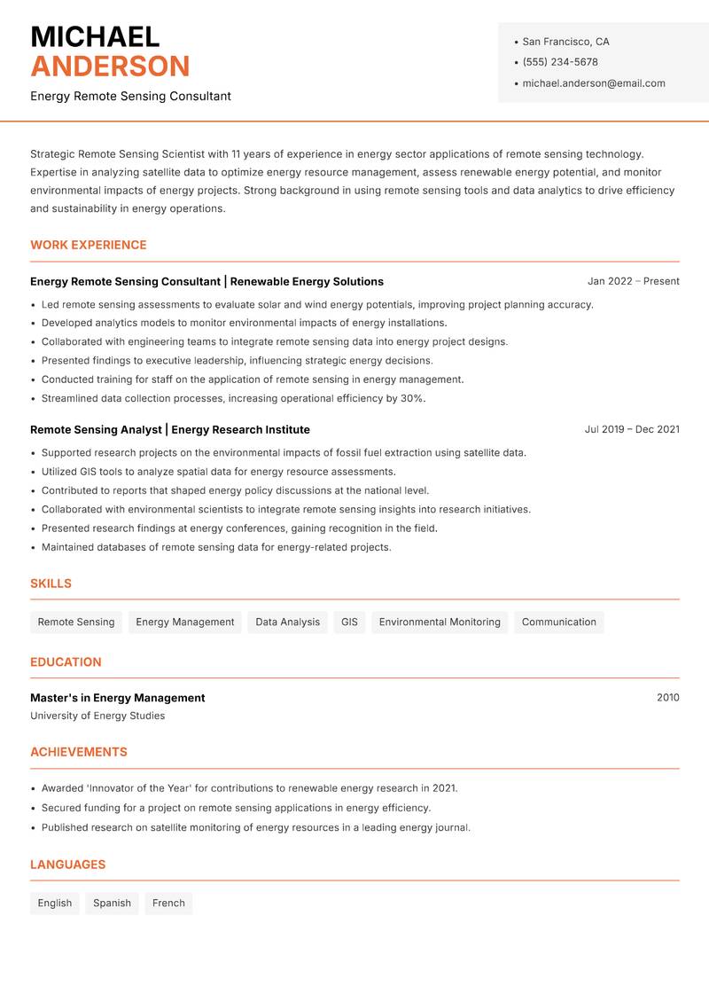 Remote Sensing Scientist resume sample — Energy Remote Sensing Consultant focus