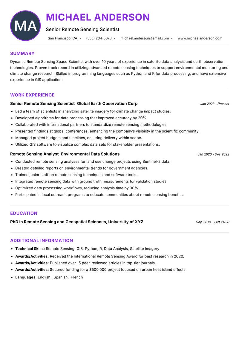 Remote Sensing Space Scientist resume example