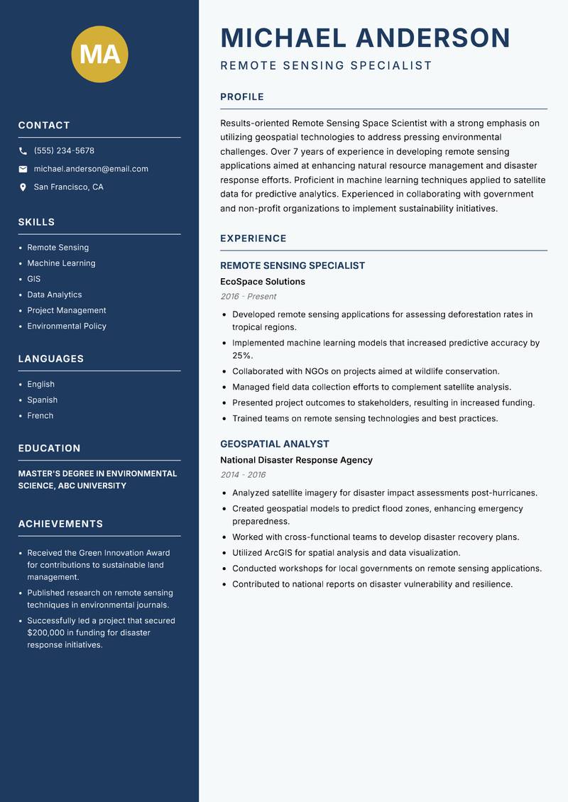 Remote Sensing Space Scientist resume sample — Remote Sensing Specialist focus
