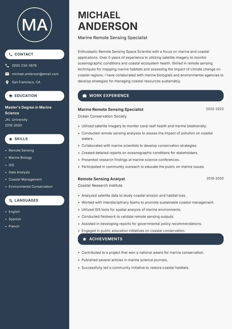 Remote Sensing Space Scientist resume sample — Marine Remote Sensing Specialist focus