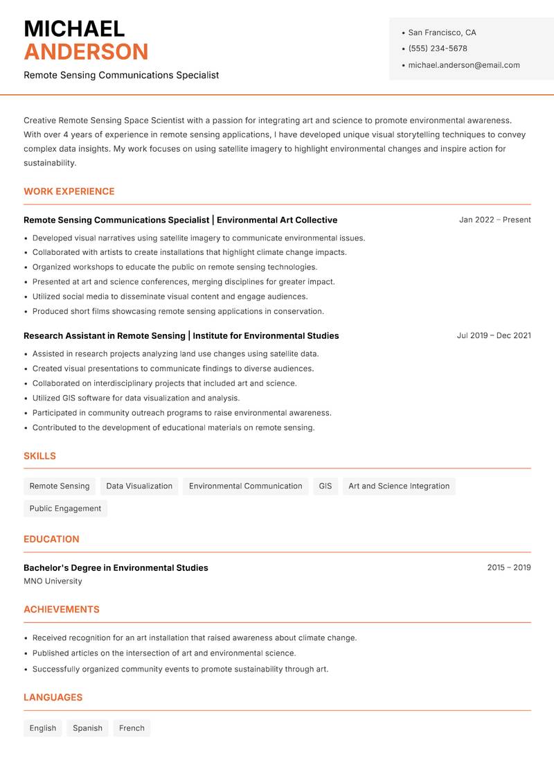 Remote Sensing Space Scientist resume sample — Remote Sensing Communications Specialist focus
