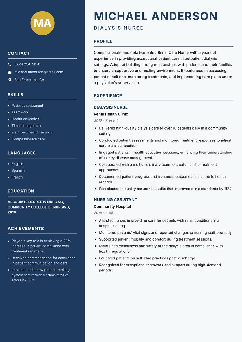Renal Care Nurse resume sample — Dialysis Nurse focus