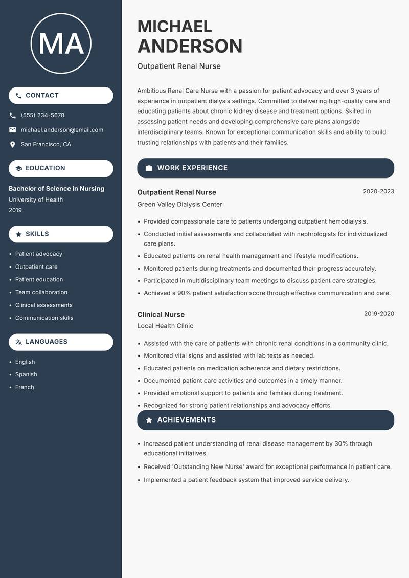 Renal Care Nurse resume sample — Outpatient Renal Nurse focus