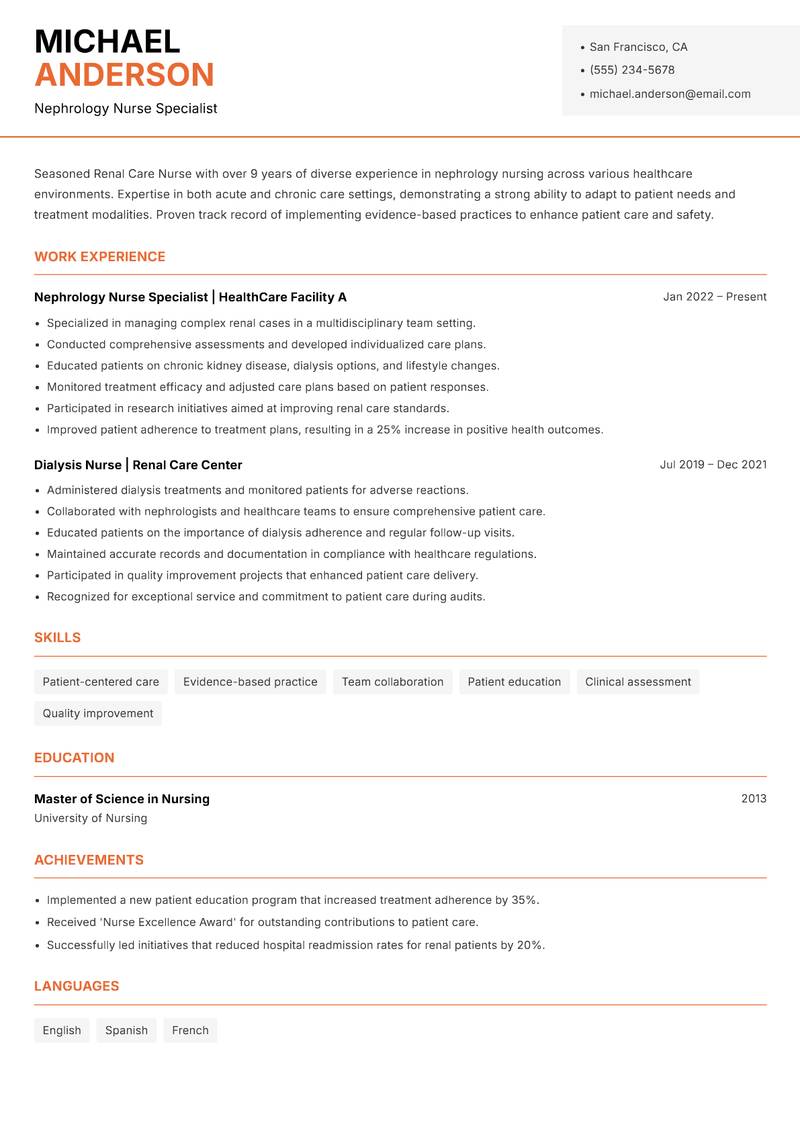 Renal Care Nurse resume sample — Nephrology Nurse Specialist focus