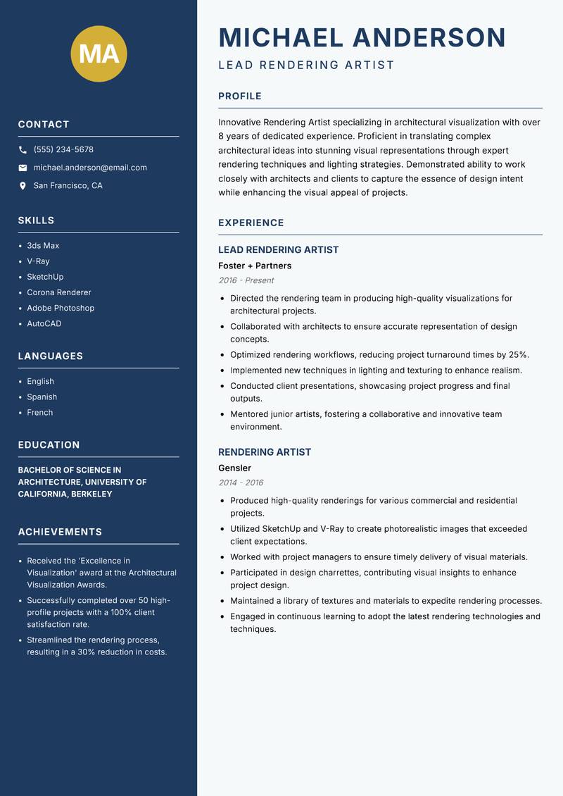 Rendering Artist resume sample — Lead Rendering Artist focus