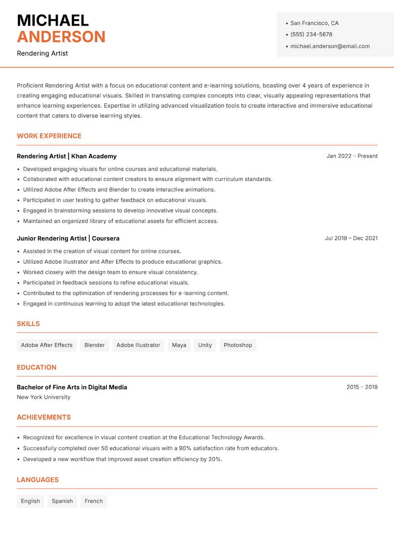 Rendering Artist resume sample — Rendering Artist focus