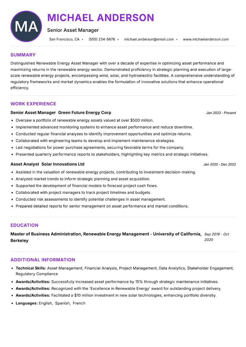 Renewable Energy Asset Manager resume example