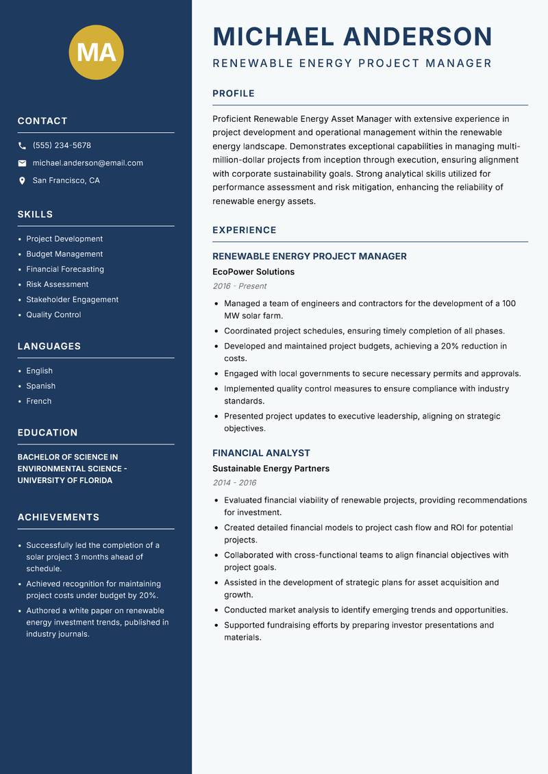 Renewable Energy Asset Manager resume sample — Renewable Energy Project Manager focus