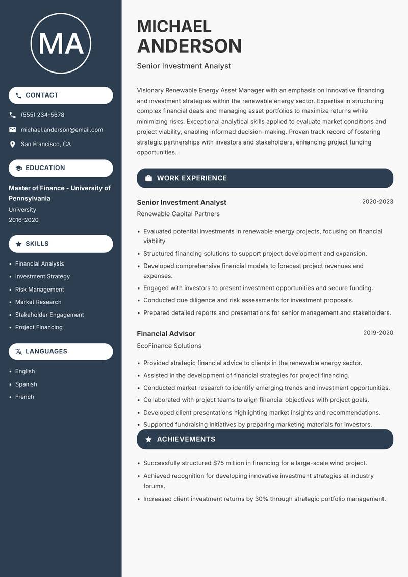 Renewable Energy Asset Manager resume sample — Senior Investment Analyst focus
