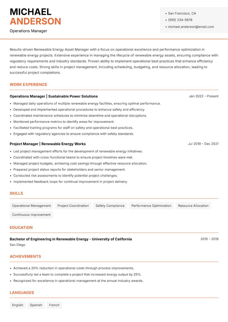 Renewable Energy Asset Manager resume sample — Operations Manager focus