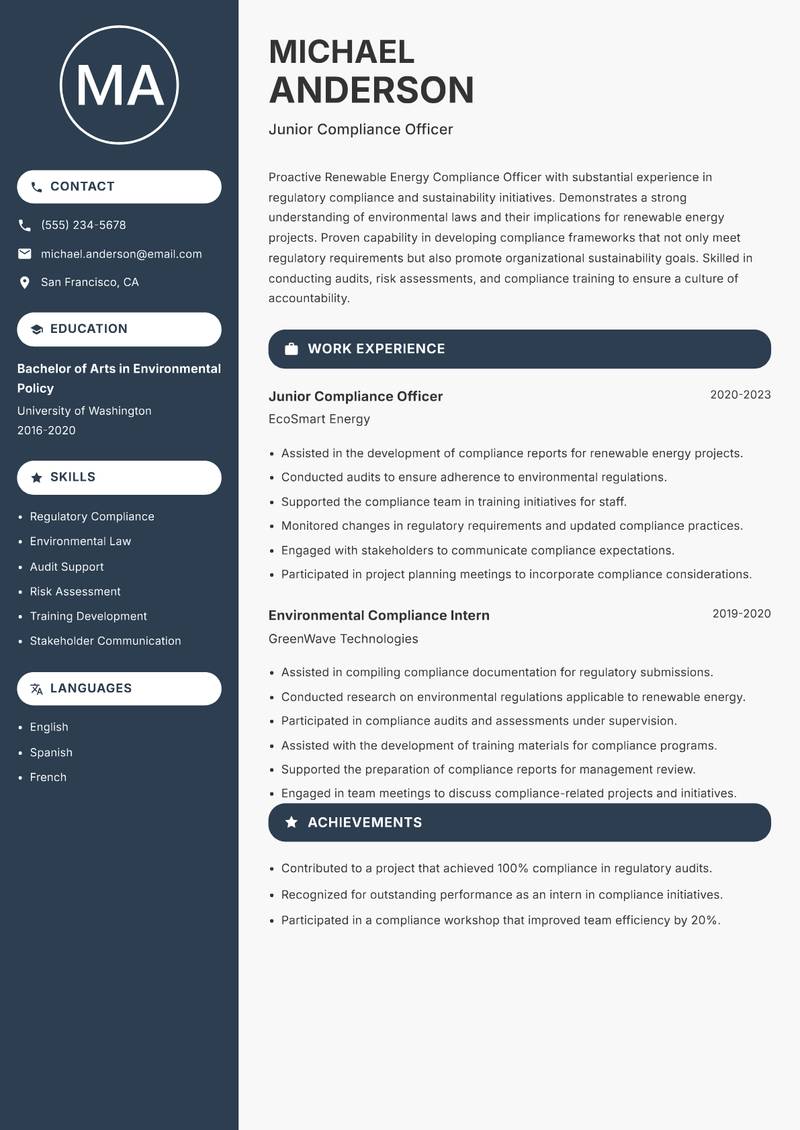 Renewable Energy Compliance Officer resume sample — Junior Compliance Officer focus