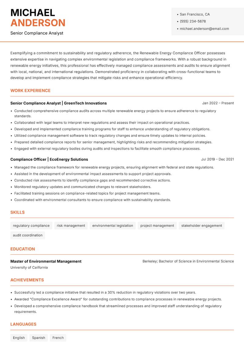 Renewable Energy Compliance Officer resume sample — Senior Compliance Analyst focus