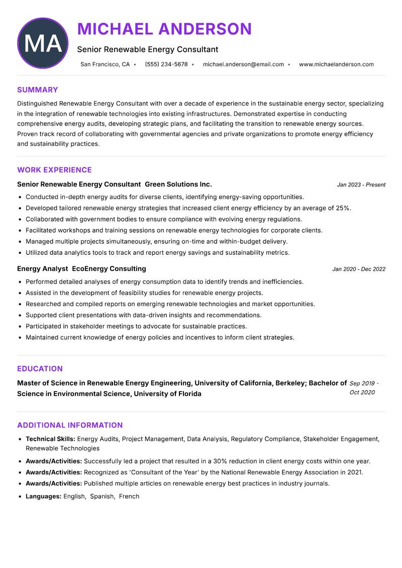 Renewable Energy Consultant resume example