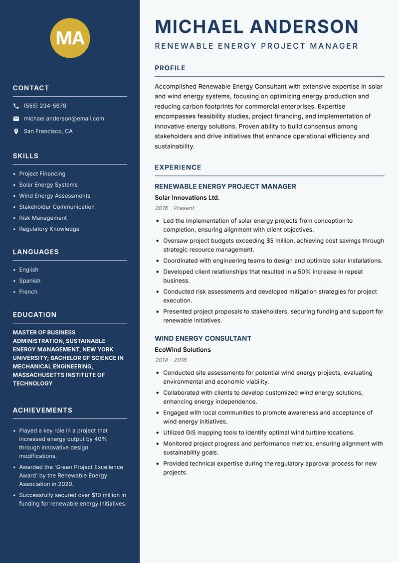 Renewable Energy Consultant resume sample — Renewable Energy Project Manager focus