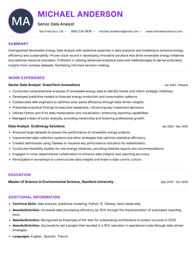 Renewable Energy Data Analyst resume example