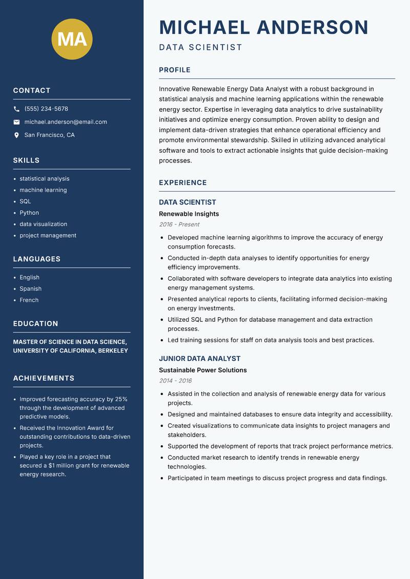 Renewable Energy Data Analyst resume sample — Data Scientist focus