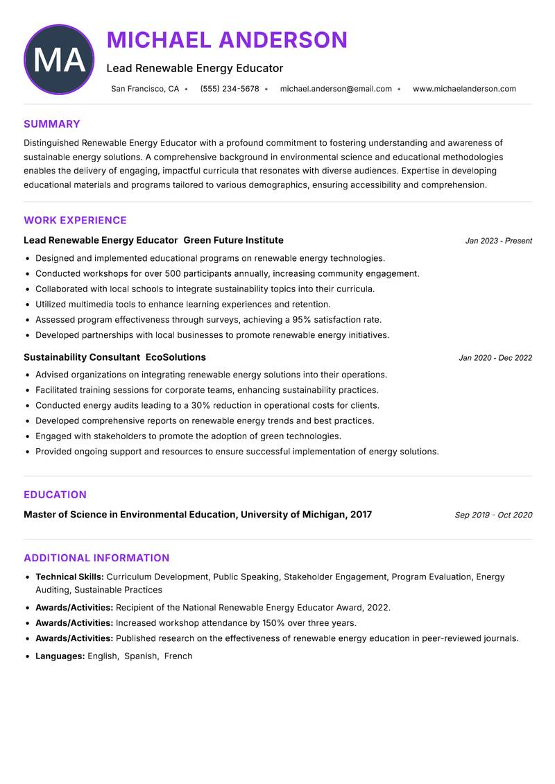 Renewable Energy Educator resume example
