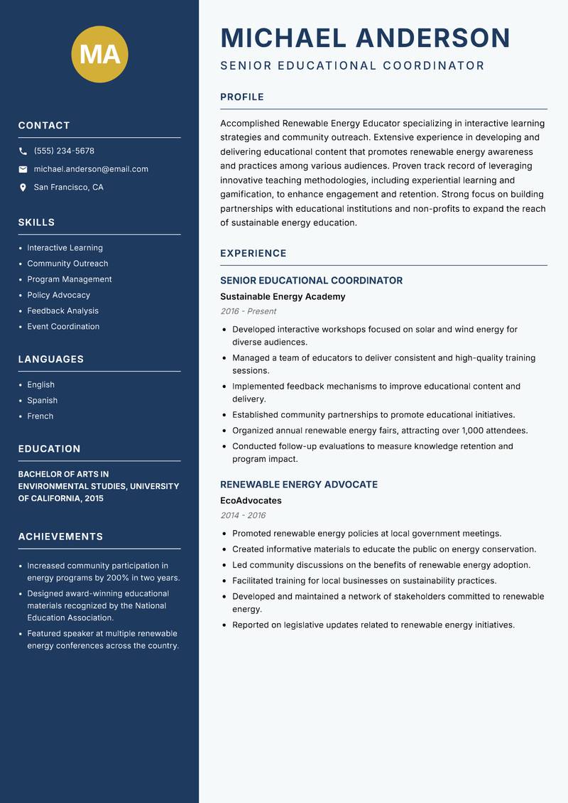 Renewable Energy Educator resume sample — Senior Educational Coordinator focus