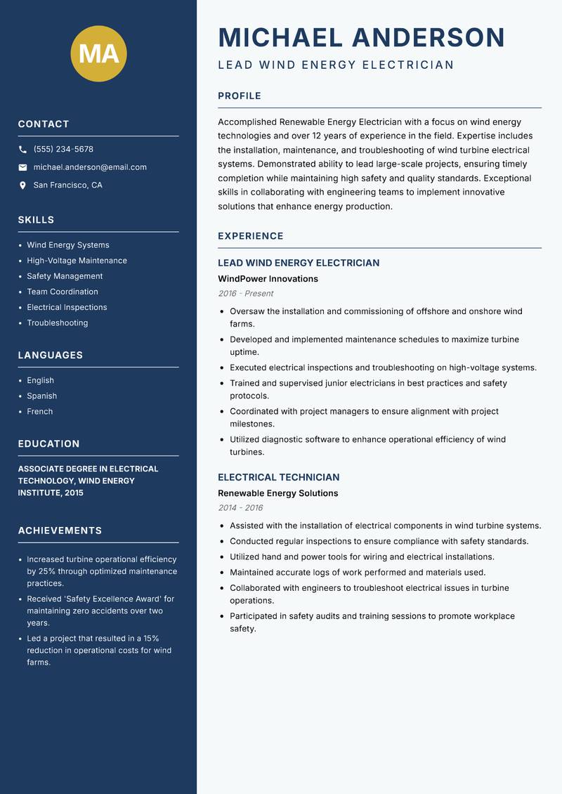 Renewable Energy Electrician resume sample — Lead Wind Energy Electrician focus