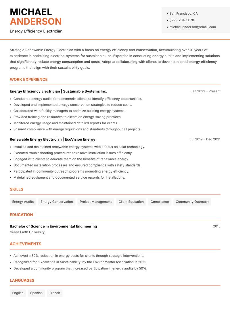 Renewable Energy Electrician resume sample — Energy Efficiency Electrician focus
