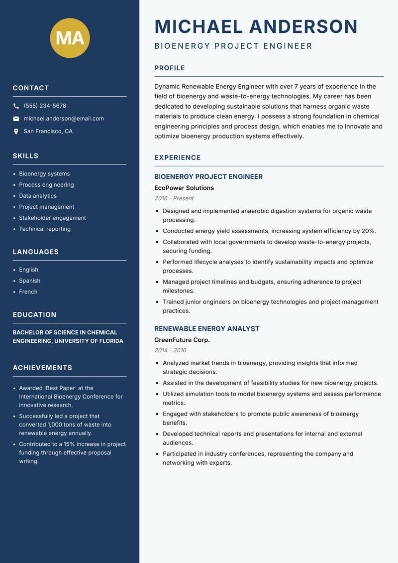 Renewable Energy Engineer resume sample — Bioenergy Project Engineer focus