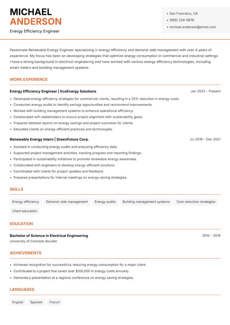 Renewable Energy Engineer resume sample — Energy Efficiency Engineer focus