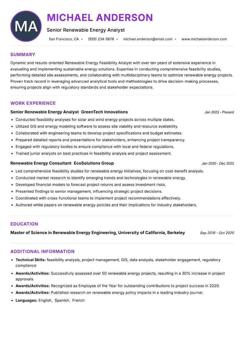 Renewable Energy Feasibility Analyst resume example