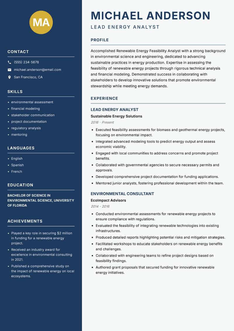 Renewable Energy Feasibility Analyst resume sample — Lead Energy Analyst focus