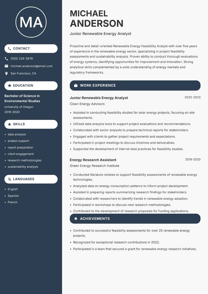 Renewable Energy Feasibility Analyst resume sample — Junior Renewable Energy Analyst focus