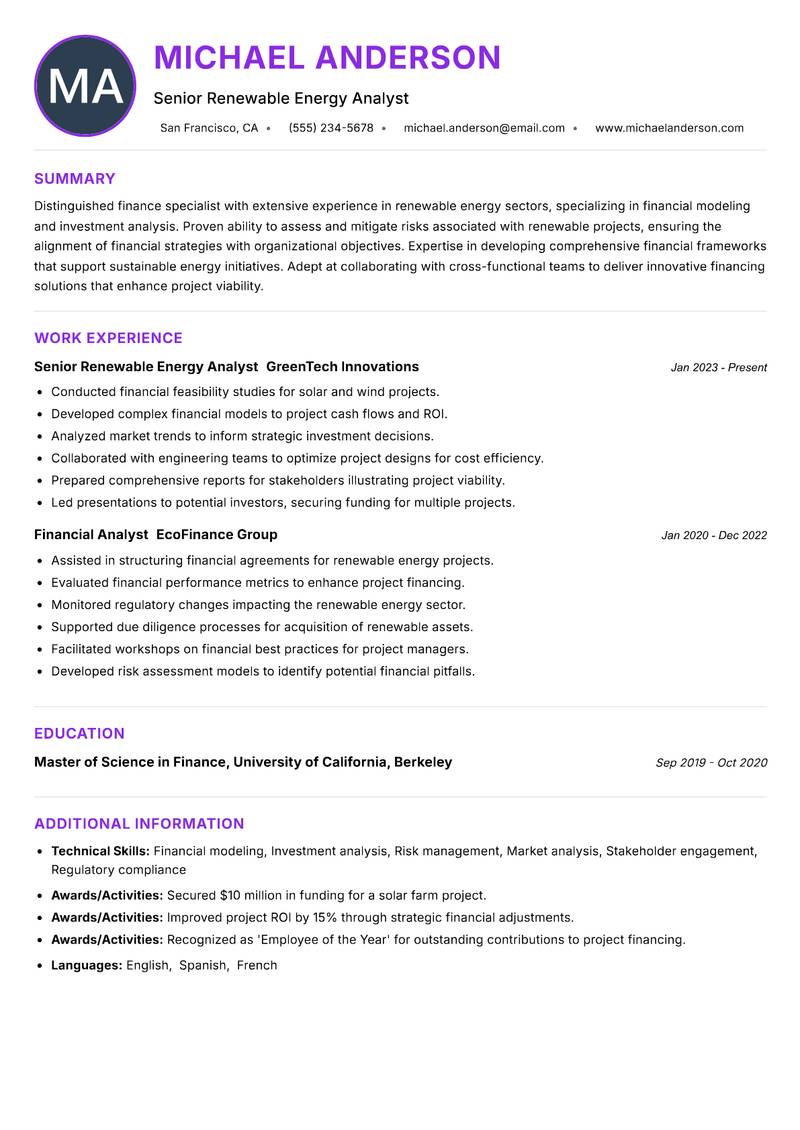 Renewable Energy Finance Analyst resume example
