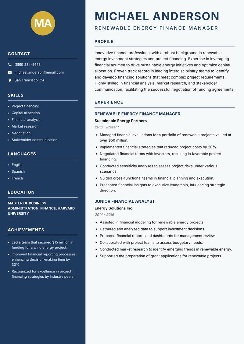 Renewable Energy Finance Analyst resume sample — Renewable Energy Finance Manager focus