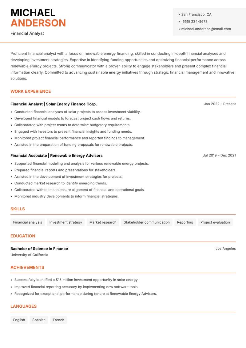 Renewable Energy Finance Analyst resume sample — Financial Analyst focus