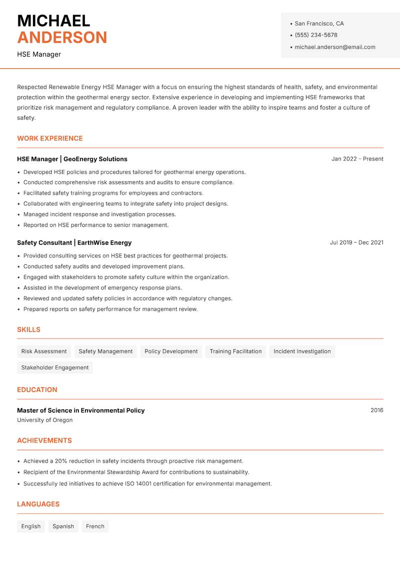 Renewable Energy HSE Manager resume sample — HSE Manager focus