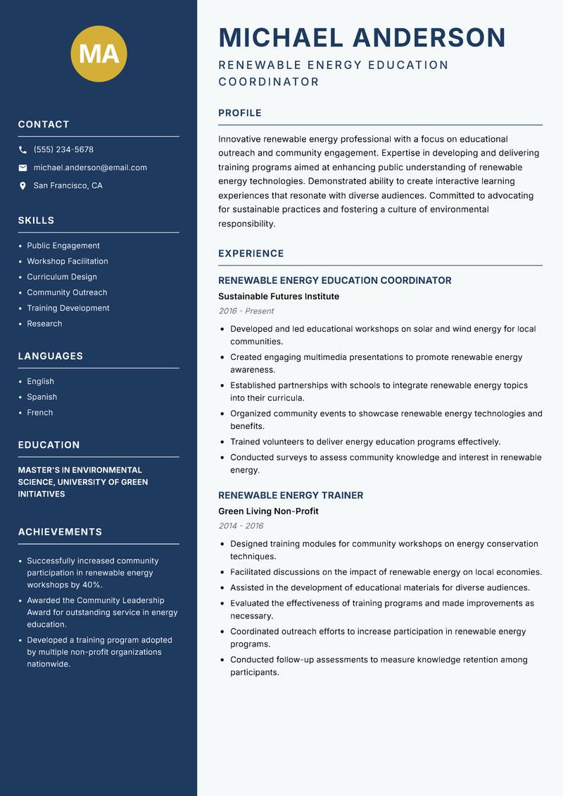 Renewable Energy Instructor resume sample — Renewable Energy Education Coordinator focus