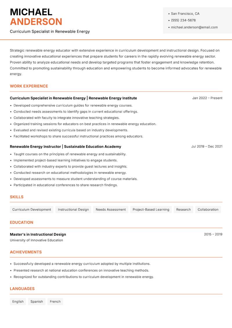 Renewable Energy Instructor resume sample — Curriculum Specialist in Renewable Energy focus