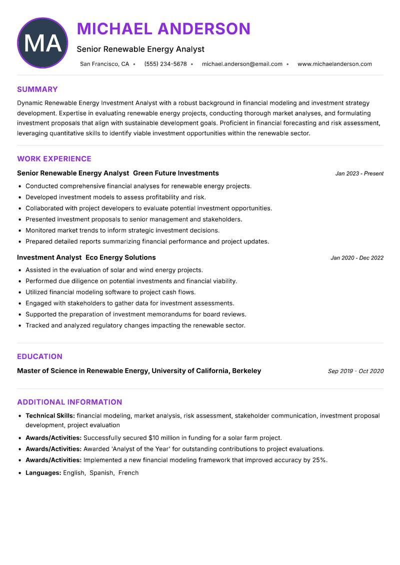 Renewable Energy Investment Analyst resume example