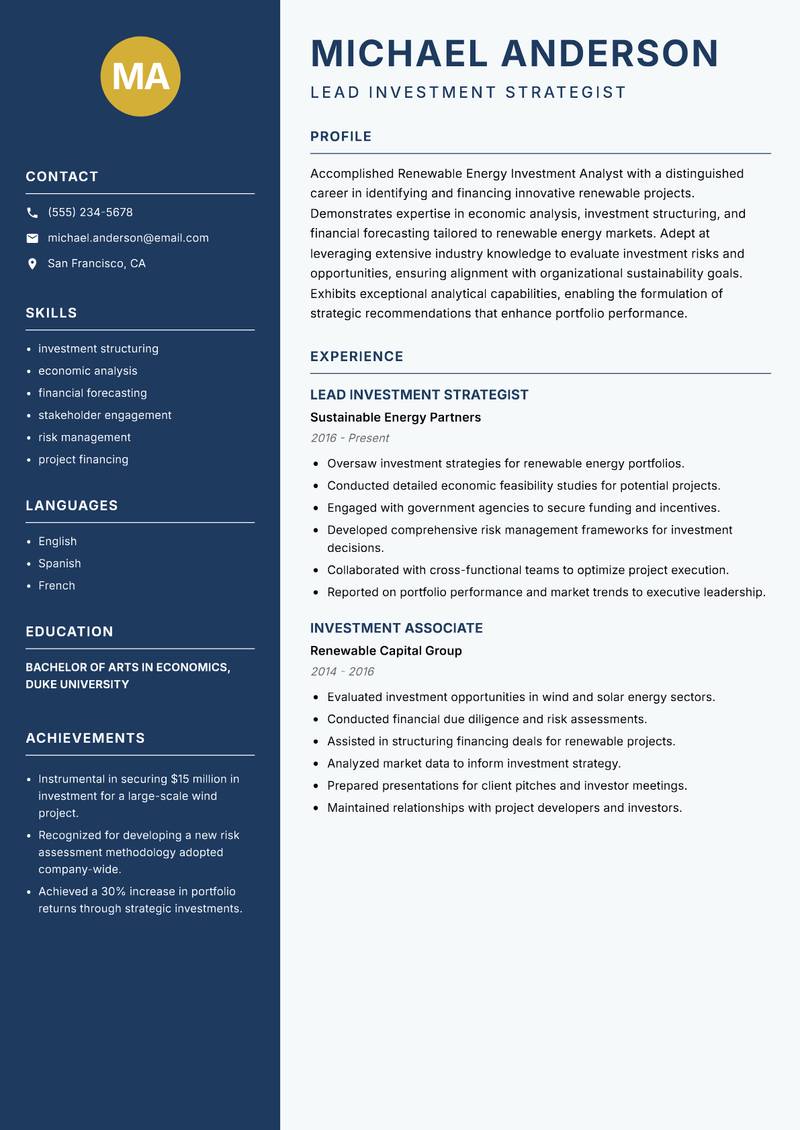 Renewable Energy Investment Analyst resume sample — Lead Investment Strategist focus