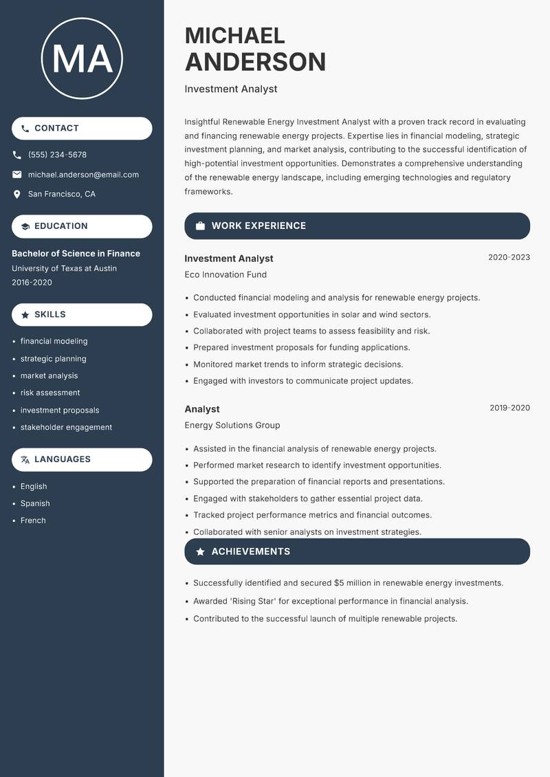 Renewable Energy Investment Analyst resume sample — Investment Analyst focus