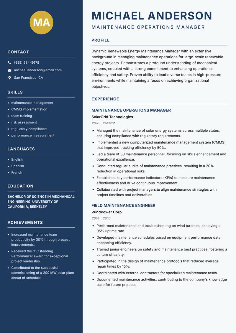 Renewable Energy Maintenance Manager resume sample — Maintenance Operations Manager focus