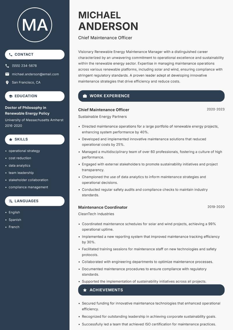 Renewable Energy Maintenance Manager resume sample — Chief Maintenance Officer focus