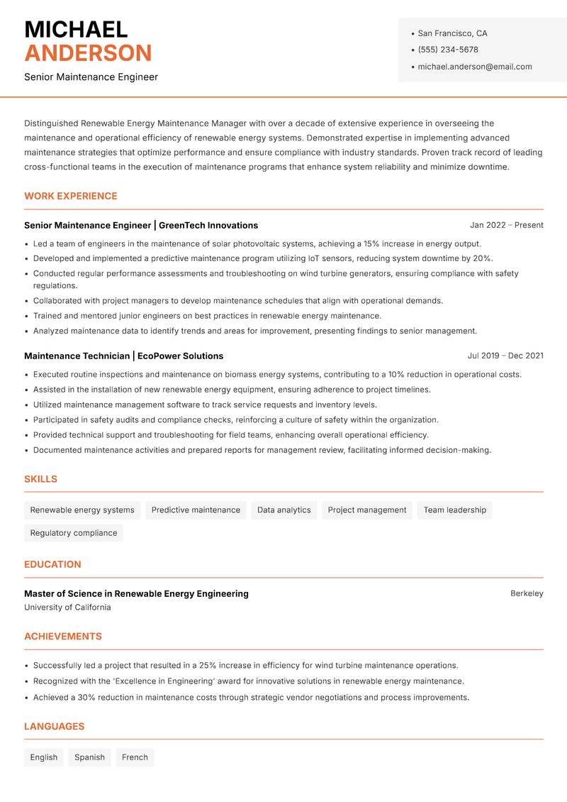 Renewable Energy Maintenance Manager resume sample — Senior Maintenance Engineer focus