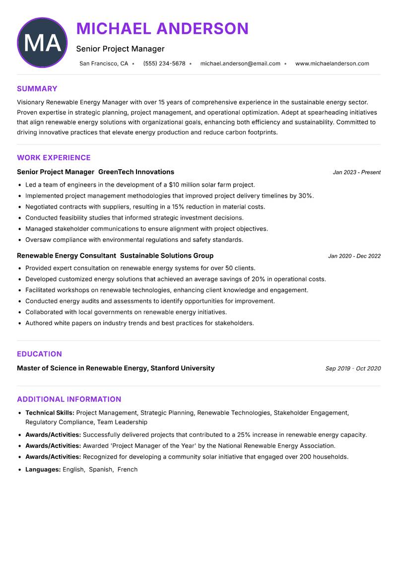 Renewable Energy Manager resume example