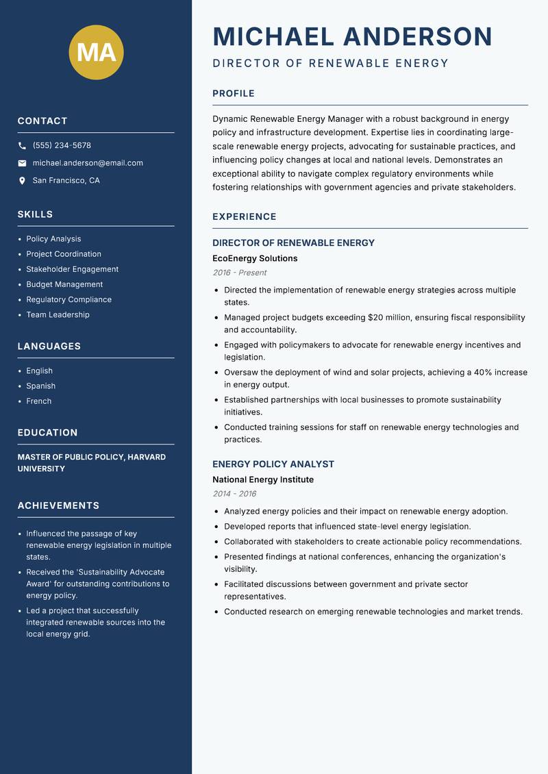 Renewable Energy Manager resume sample — Director of Renewable Energy focus
