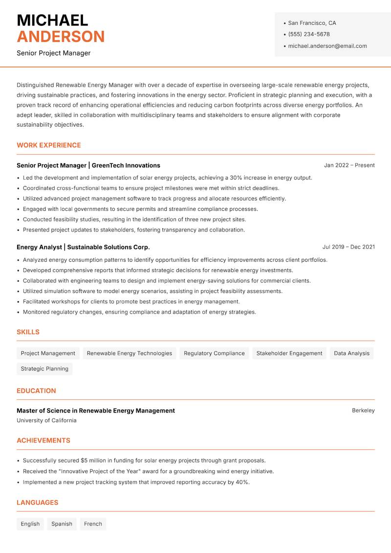 Renewable Energy Manager resume sample — Senior Project Manager focus