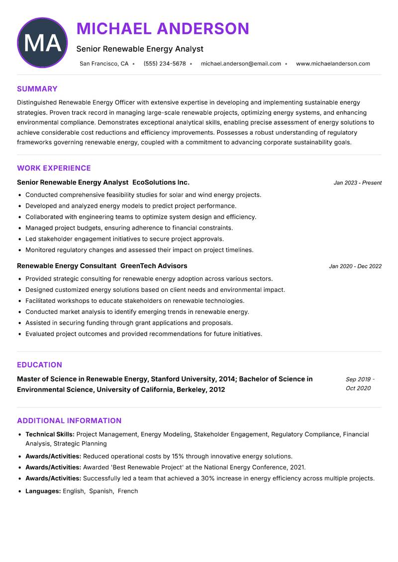 Renewable Energy Officer resume example